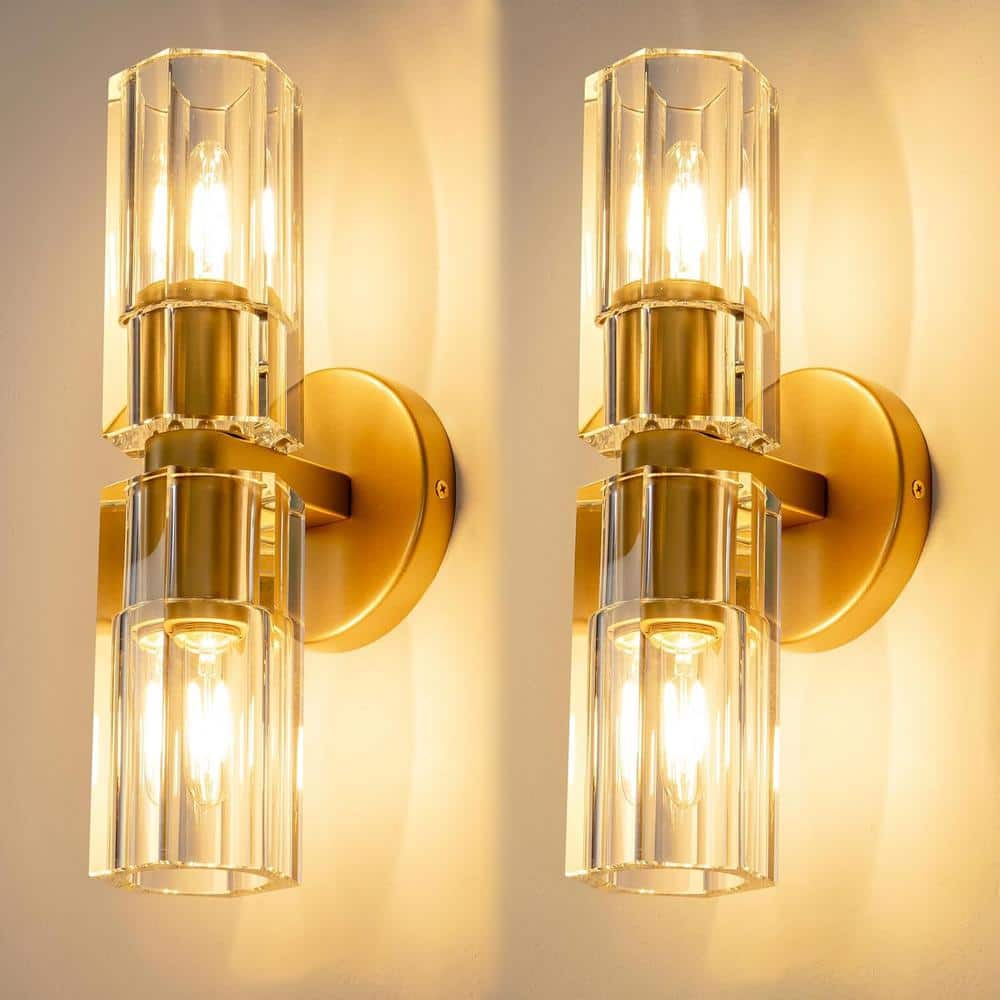 YUYI 13 in. 2 Light Gold Wall Sconce with K9 Crystal Lampshade