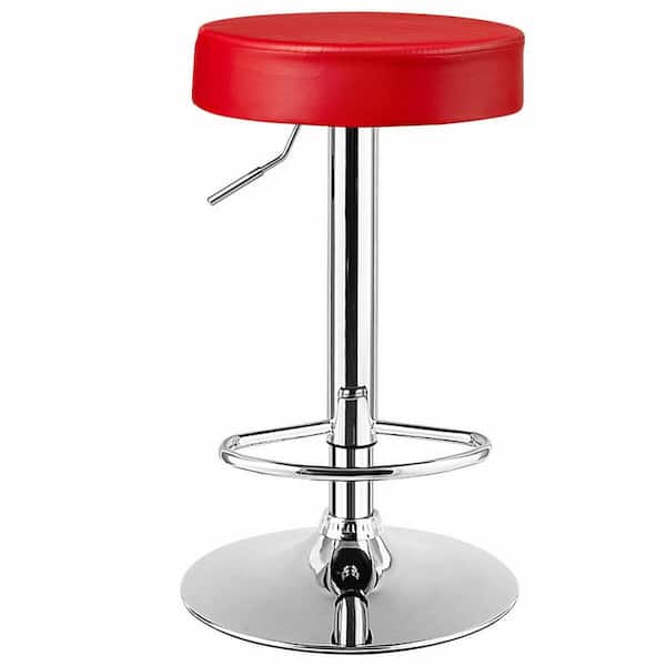 FORCLOVER 26-34 in. Red Backless Steel Frame Round Adjustable Swivel Bar Stool Pub Chair with PU Leather Seat