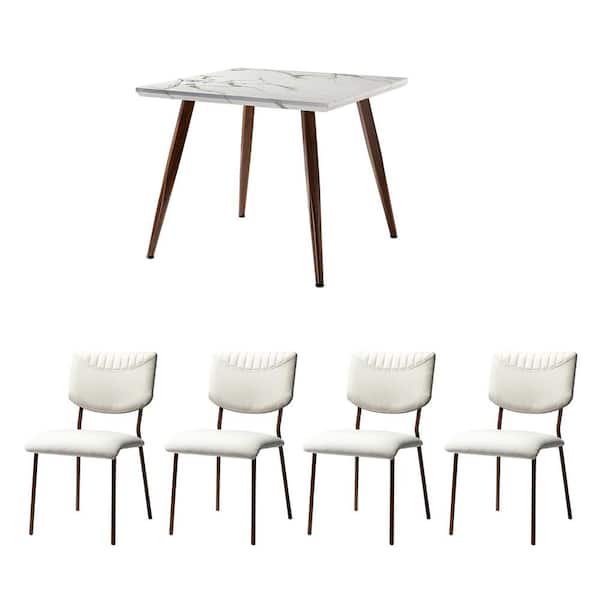 JAYDEN CREATION Ergani 5-Piece Dining Set with Square Marbling Table and White Chairs
