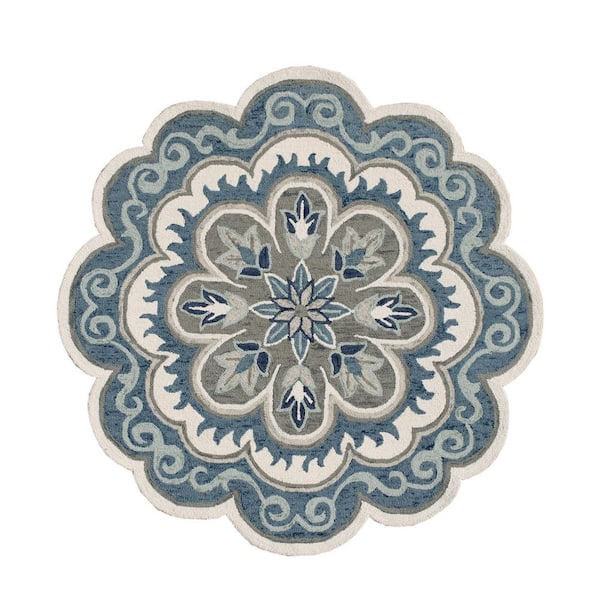 Daliah Hand-Tufted 4 ft. x 4 ft. Aqua Blue/Gray Bohemian Medallion Wool Round Indoor Area Rug