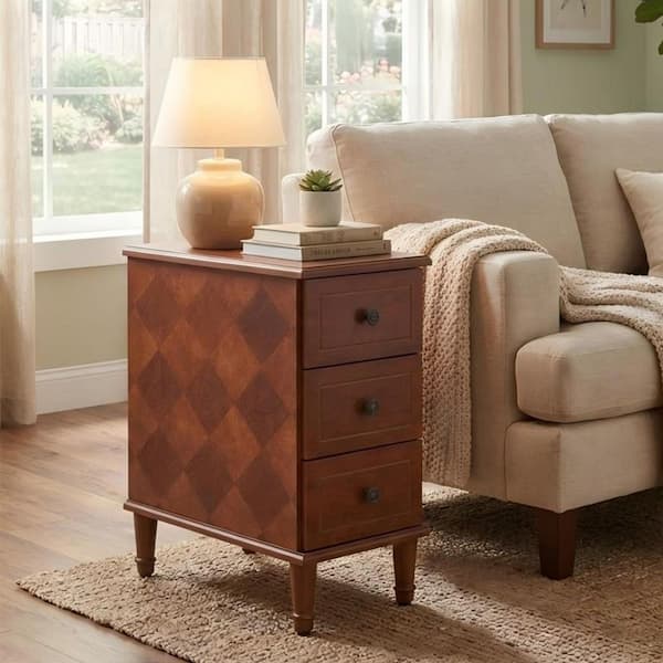 23.6 in. Solid Wood Brown Rectangle End Table with 3 Drawers, No Assembly Vintage Side Table for Bedroom, Living Room