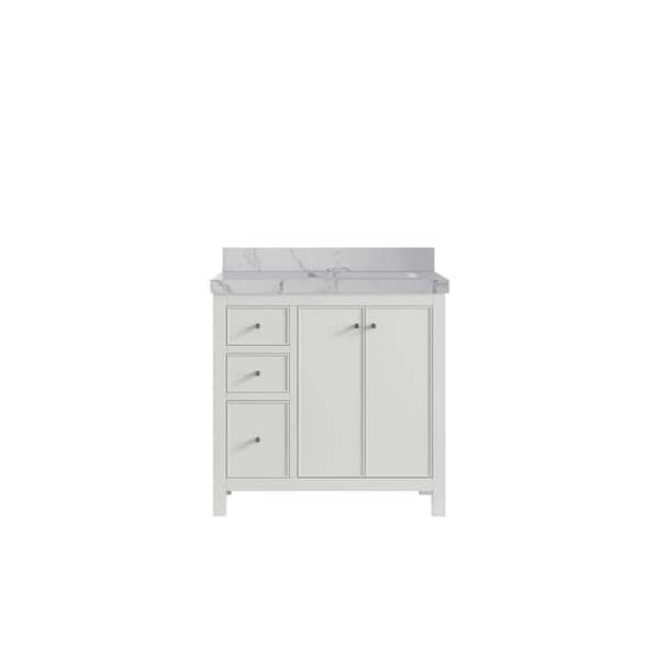 Willow Collections Chicago 36 in. Right Offset Sink Freestanding White Bath Vanity with Venatino Qt. Top Unassembled