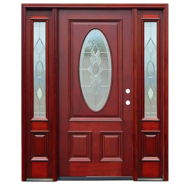 Pacific Entries 70 in. x 80 in. Strathmore Traditional 3/4 Lite Stained Mahogany Wood Prehung Front Door with 14 in. Sidelites