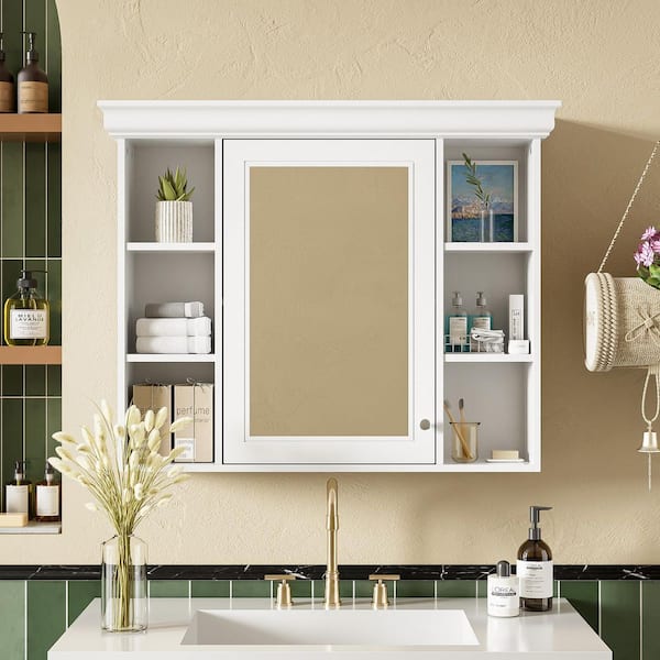 White 35.5 in. W x 28.74 in. H Rectangular Wall Mounted Bathroom Medicine Cabinet with Mirror, Adjustable Shelves