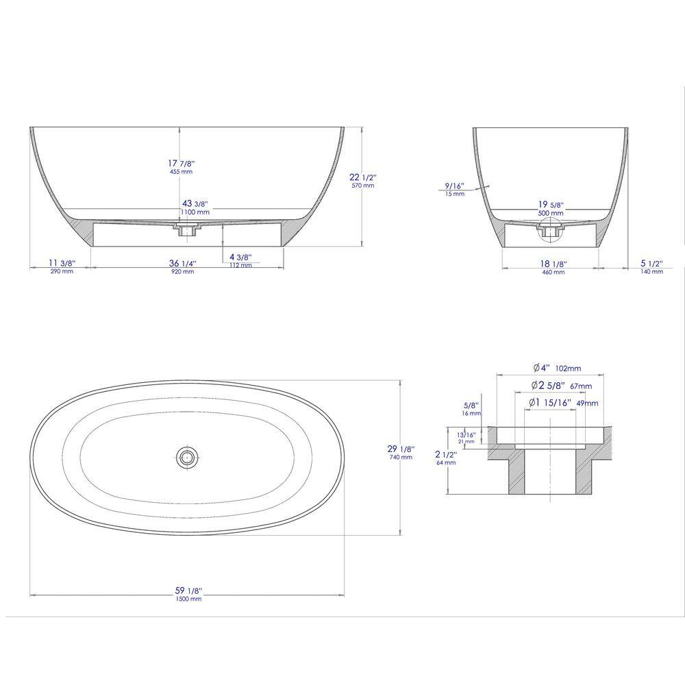 61.61'' Black and White Freestanding Resin Soaking Bathtub
