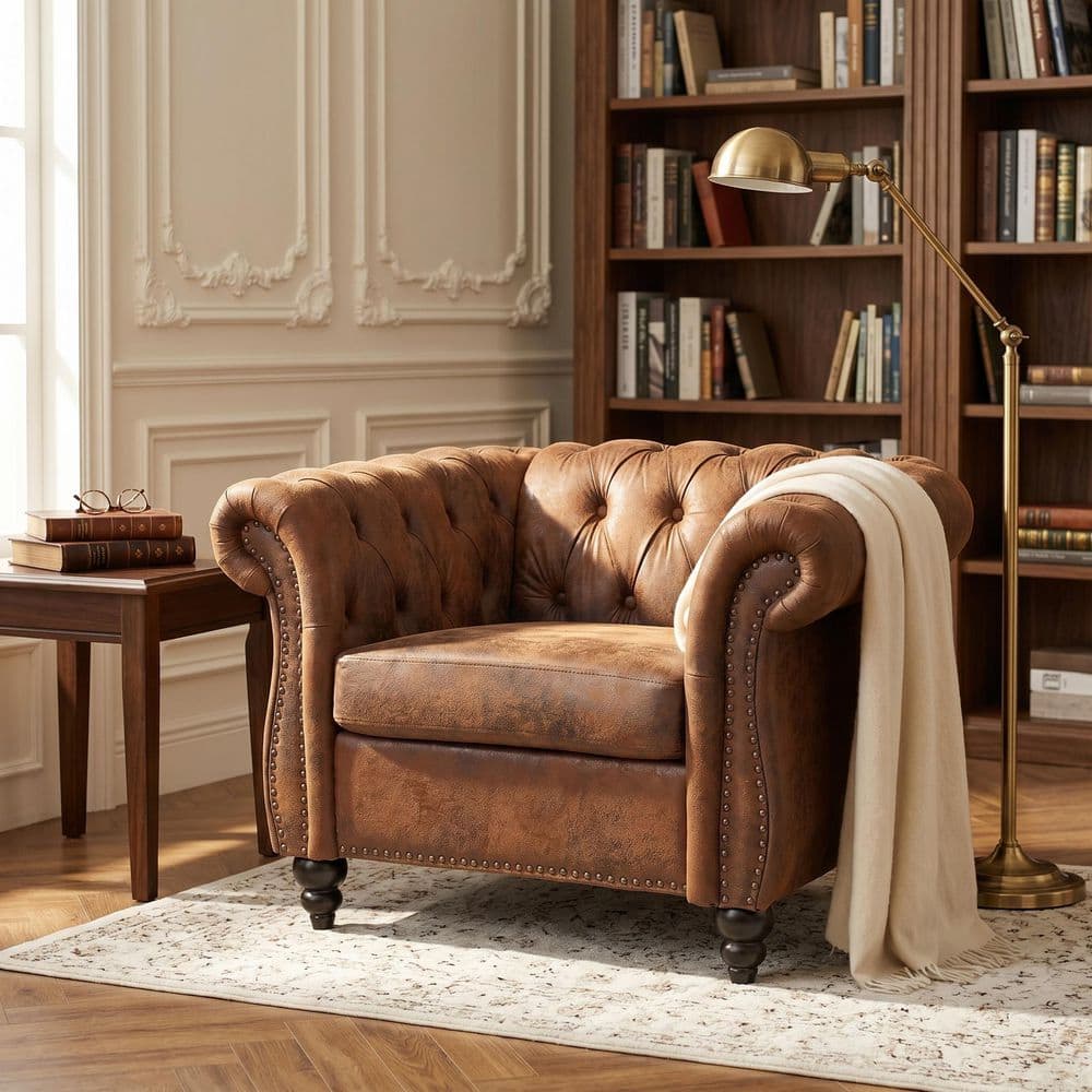 Chesterfield Sofa Brown Bronzing Suede Upholstered Accent Arm Chair with Tufted Back, Nailhead Trim price history on PriceWatchPro