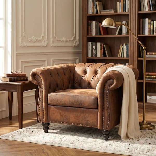 Chesterfield Sofa Brown Bronzing Suede Upholstered Accent Arm Chair with Tufted Back, Nailhead Trim