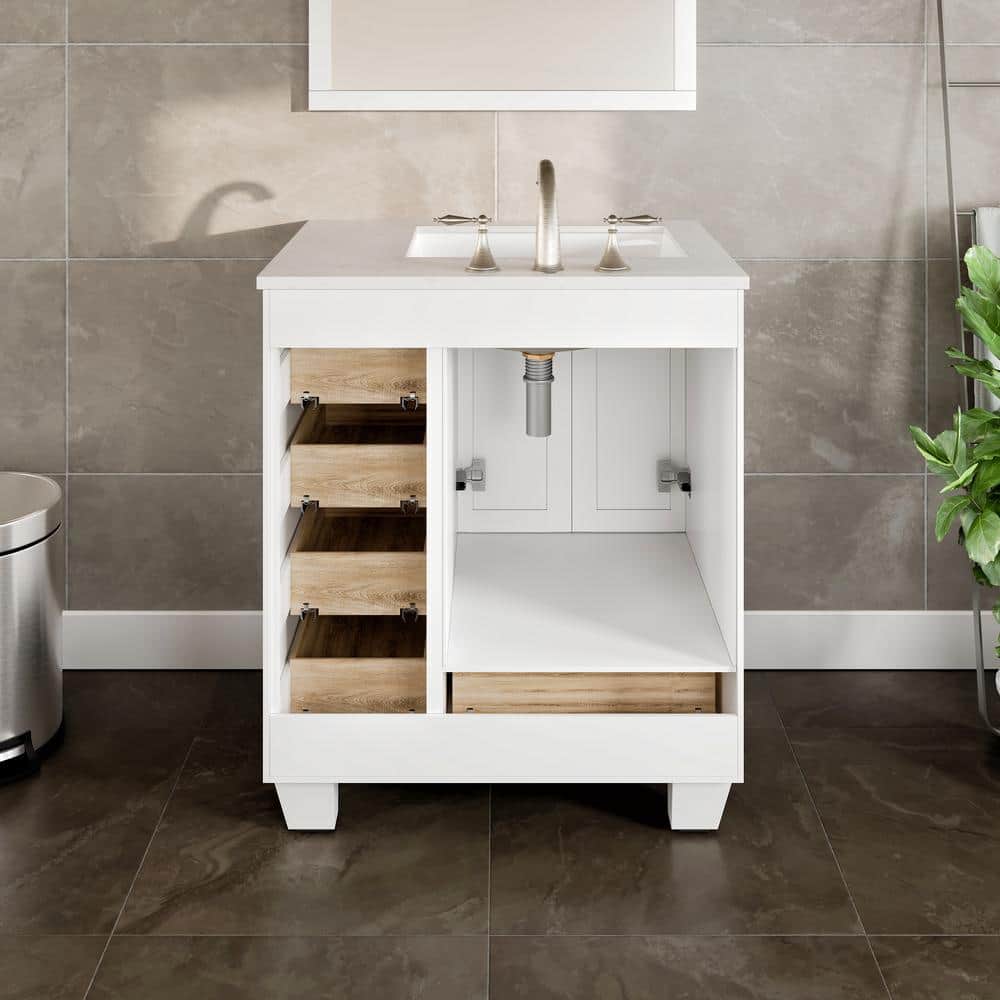 White Solid Wood Bathroom Vanity with Carrara Quartz Top and Sink
