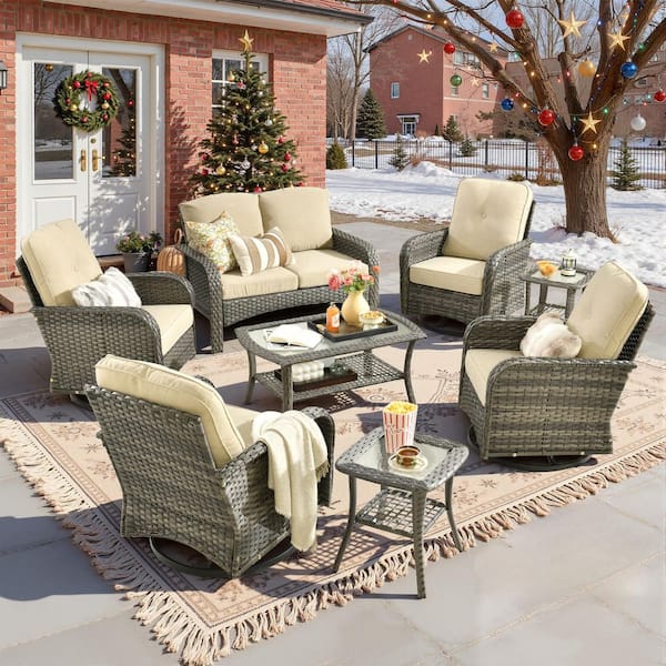 Denali Gray 8-Piece Wicker Patio Conversation Sofa Seating Set with Swivel Rocking Chairs and Beige Cushions