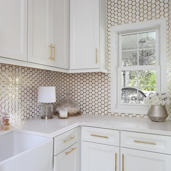 Karats White 10.625 in. x 11.125 in. Hexagon Polished Marble/Gold Metal Floor and Wall Mosaic Tile (8.21 sq. ft./Case)
