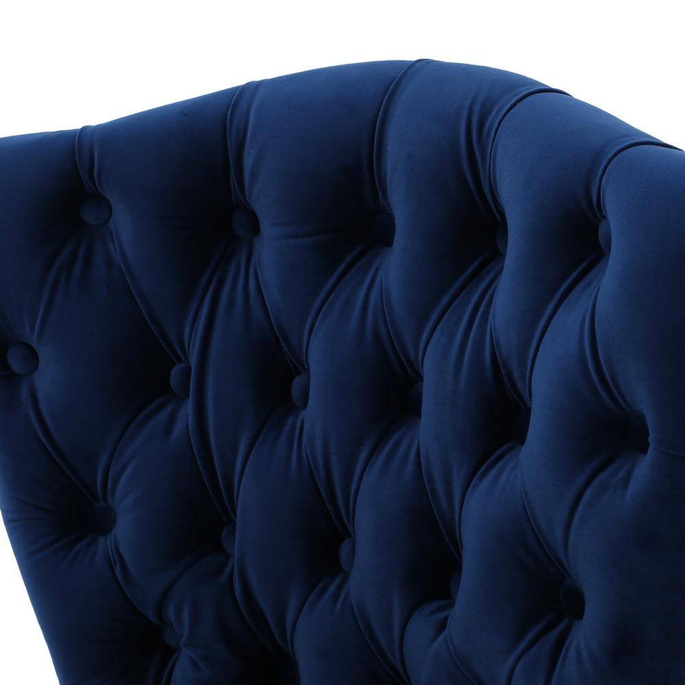 Navy Blue Velvet Upholstered Dining Side Chairs with Natural Rubberwood Legs