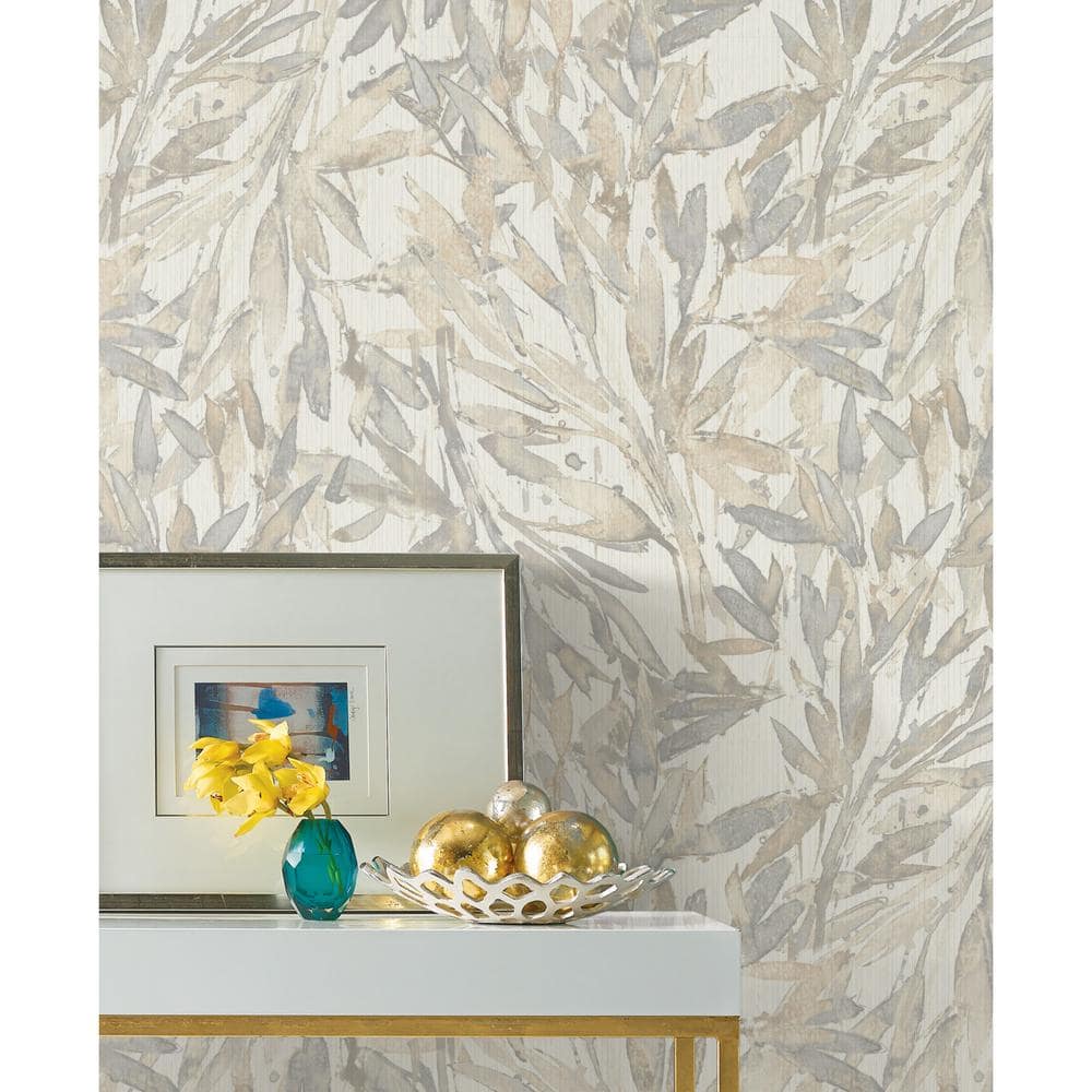 Cream and Gray Rainforest Leaves Vinyl Wallpaper