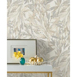 Cream and Grey Rainforest Leaves Vinyl Paper Unpasted Matte Wallpaper (21 in. x 33 ft.)