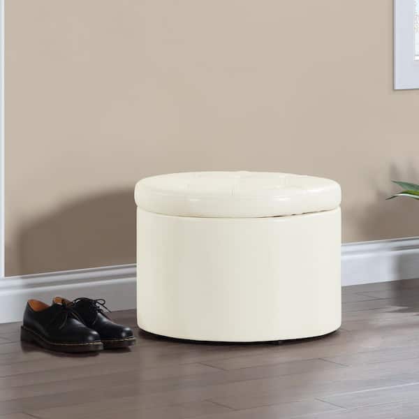 Designs4Comfort Ivory Faux Leather Round Shoe Storage Ottoman