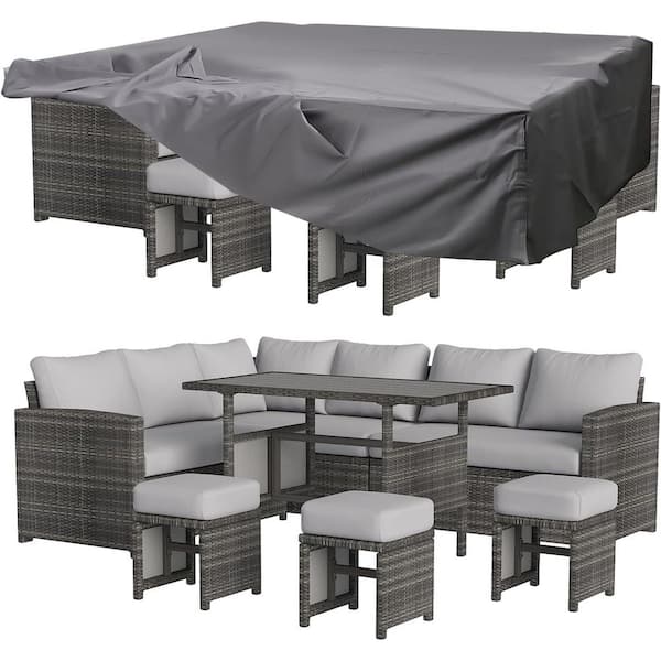 7-Pieces Patio Wicker Furniture Dining Set with Light Grey Cushions and Cover