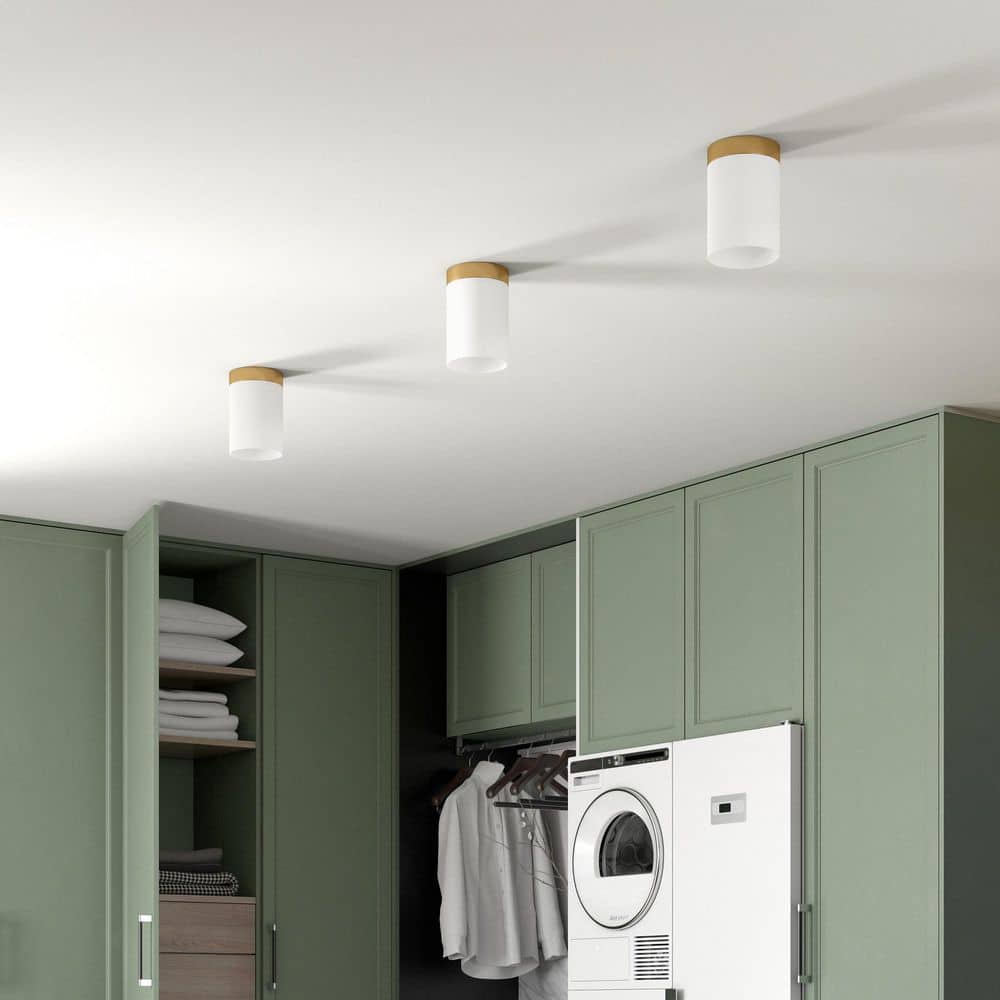 Brushed Brass and White Linen Tube-Shaped Ceiling Light