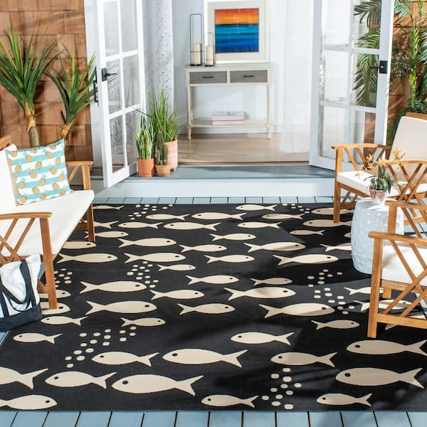 Courtyard Black/Beige 9 ft. x 12 ft. Novelty Fish Indoor/Outdoor Patio  Area Rug