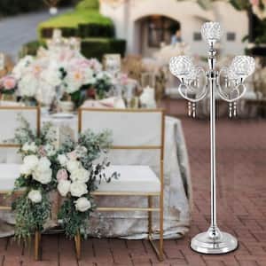 Silver 5-Arm Floor Candelabra with Crystal Centerpiece 49 in. Tall Candle Decoration