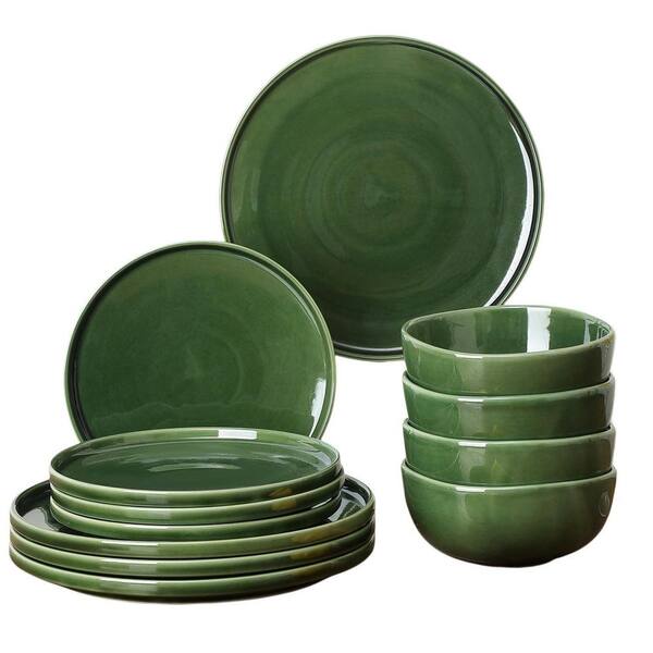 12-Piece Green Ceramic Dinnerware Set (Service for 4), Scratch Resistant, Microwave, Oven and Dishwasher Safe