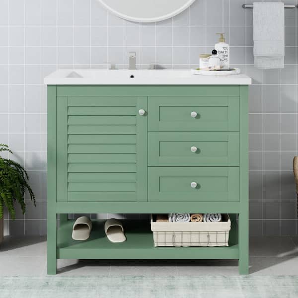 Unbranded 36 in. W x 18 in. D x 34 in. H Single Sink Freestanding Bath Vanity in Green with White Cultured Marble Top