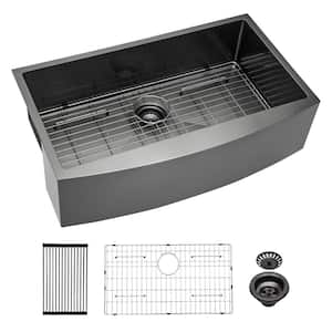 Gunmetal Black 16 Gauge Finish Stainless Steel 30 in. Single Bowl Farmhouse Apron Front Kitchen Sink with Accessories