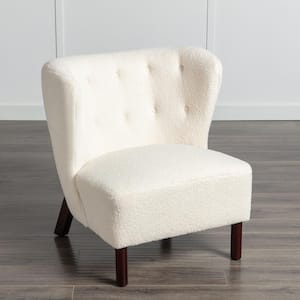 Cream Lambskin Sherpa Fabric Upholstered Accent Chair with Wingback Design, Sturdy Walnut Legs