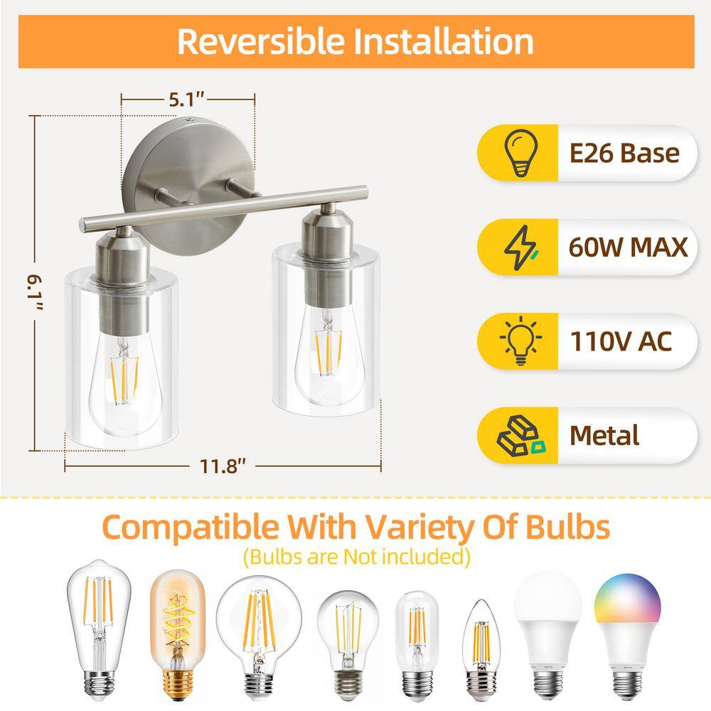 Brushed Nickel 2-Light Vanity Fixture with Clear Glass Shades