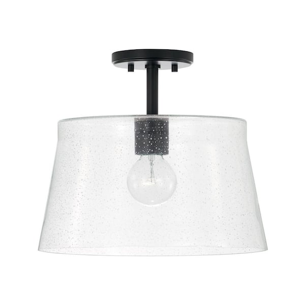 Baker 14 in. W x 14 in. H 1-Light Semi-Flush or Pendant in Matte Black with Clear Seeded Glass