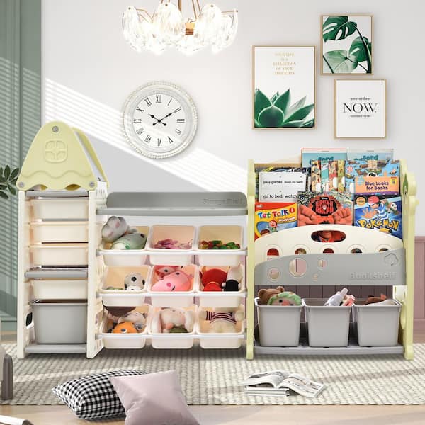 Light Green Indoor Multi-Functional Kids Toy Storage Organizer with 17 Large Bins and 4 Bookshelves