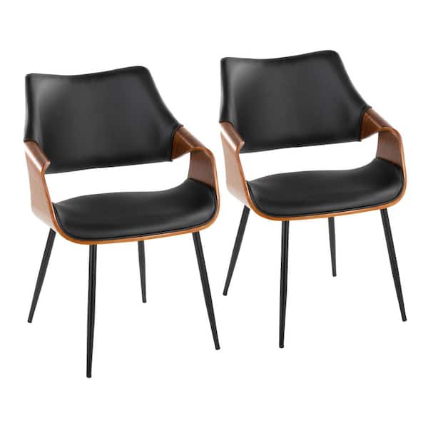 Curvo Highback Black Metal, Walnut Wood, and Black Faux Leather Chair with Tapered Metal Legs (Set of 2)