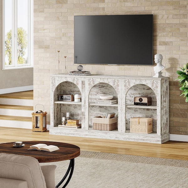 Ezlynn Distressed White TV Stand Entertainment Center Fits TVs Up to 55 to 65 in. with 3 Tier Storage Home Living Room