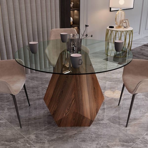 Nebo Modern Dining Table in Walnut Base with Clear Glass Table Top