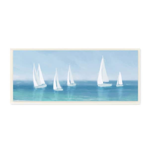 Stupell Industries "White Sail Boats across Soft Blue Coast" by Dan Meneely Unframed Nature Wood Wall Art Print 7 in. x 17 in.