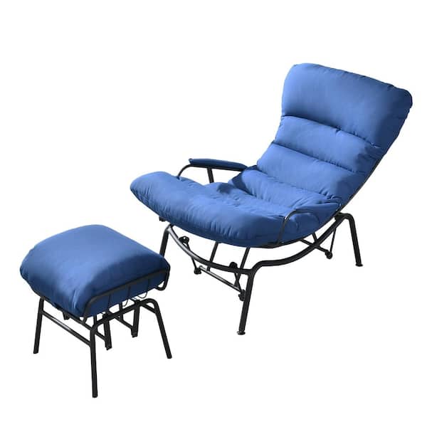 OVIOS Beauty 2-Piece Metal Outdoor Patio Outdoor Rocking Chair with Navy Blue Cushions