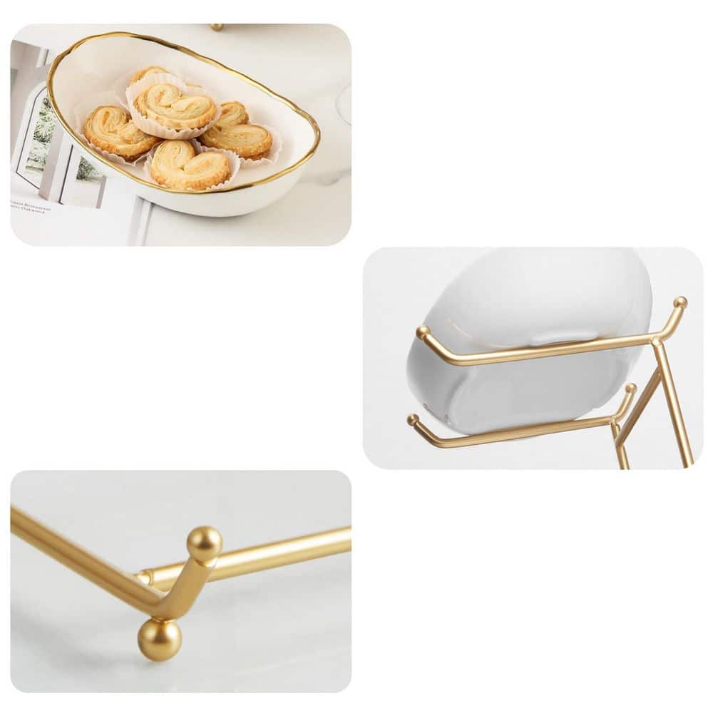 3-Tier Ceramic Fruit Bowl with Metal Stand Corner Fruit Holder for Countertop Holding Snack Nuts Cake Gold-Rimmed