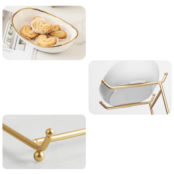 3-Tier Ceramic Fruit Bowl with Metal Stand Corner Fruit Holder for Countertop Holding Snack Nuts Cake Gold-Rimmed