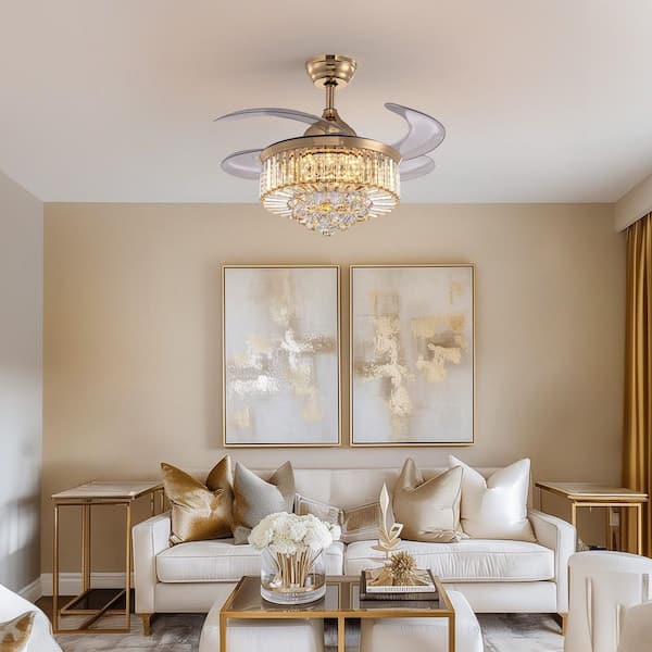 36 in. LED Indoor Gold Crystal Chandelier with Fan , Retractable Ceiling Fan with Light and Remote for Living Room