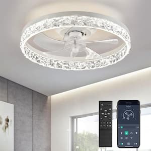 20 in. Indoor Modern White Crystal Flush Mount Ceiling Fan with Light, Dimmable Small LED Ceiling Fan