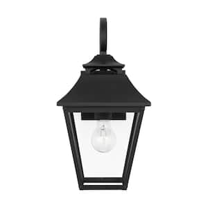 Galena 1-Light Textured Black Outdoor Small Wall Lantern Sconce with Clear Seeded Glass