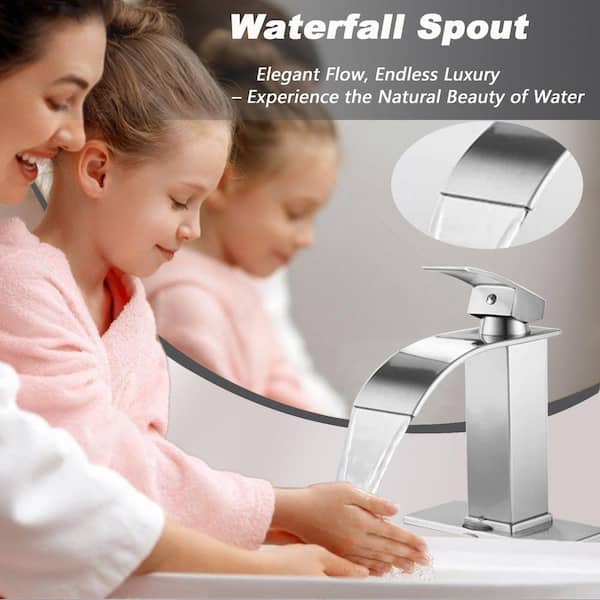 Waterfall Single Handle Single Hole Arc Bathroom Faucet Drip-Free Vanity Sink Faucet with Drain Kit in Brushed Nickel