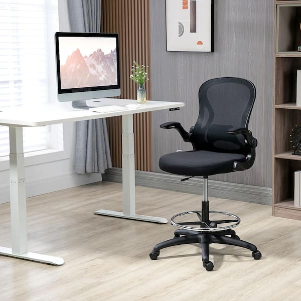Vinsetto Ergonomic Fabric Drafting Chair, Standing Desk Chair with Flip-up Armrests, Adjustable Footrest and Seat Height, Black