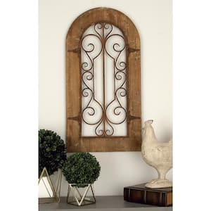 20 in. x  38 in. Wood Brown Arched Window Inspired Scroll Wall Decor with Metal Scrollwork Relief