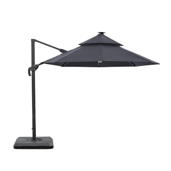 Maxy 2-Piece 10 ft. Steel Roma Cantilever Solar LED Strip Tilt 360 Patio Umbrella In Gray with Base