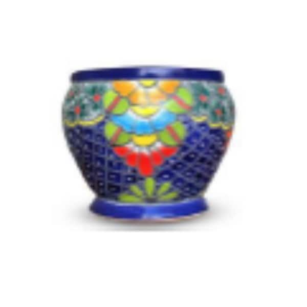 Ravenna Pottery Talavera 10 in. Blue Rib Top Ceramic Planter