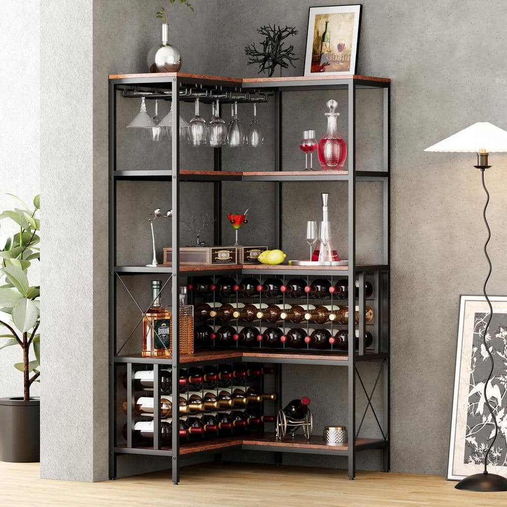 Brown 20-Bottle Corner Wine Rack Bar Cabinet Industrial Freestanding ...