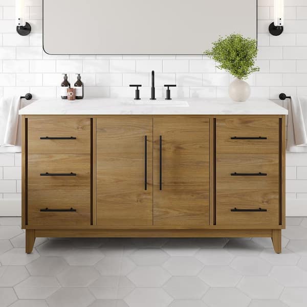 Graham 60 in. Single Sink Oak Bath Vanity with White Arabescato Engineered Stone Top (Assembled)
