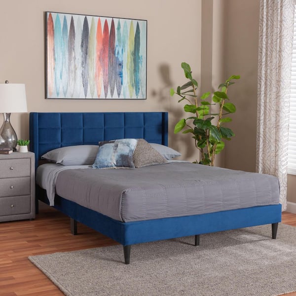 Payne Navy Blue Velvet and Wood Frame Queen Platform Bed