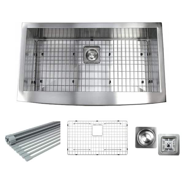 Kingsman Hardware PRO Series Farmhouse Apron-Front 16G Stainless Steel 36 in. Single Bowl Kitchen Sink With Accessories Combo Pack