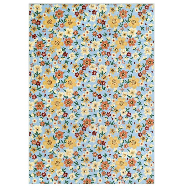 Unbranded Blue Color 8 ft. x 10 ft. ft. Farmhouse Color Floral Low Pile Non-Shedding for Living Room Bedroom Area Rug