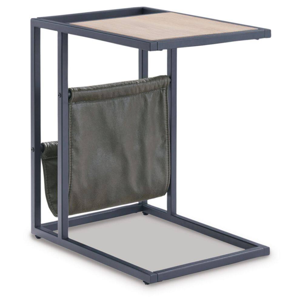 Light Brown and Black Metal Wood End Table with Storage